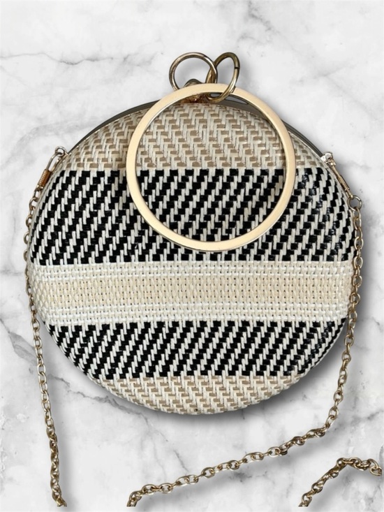 Savanna Handbags - Savanna Cream Black Round Woven Crossbody Satchel Gold Chain Boho Bag Purse